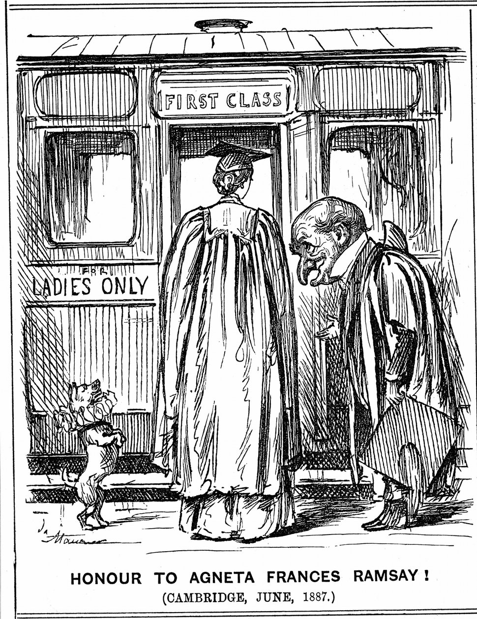 Herr Punch böjer sig för Agneta Frances Ramsay som satt och klarade med First Class Honours, papperet som fastställdes, men som inte kunde ta emot en examen eftersom Cambridge inte gav dem till kvinnor vid den här tiden. George du Maurier tecknad från Punc av George du Maurier