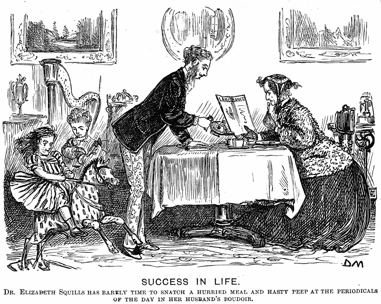 Framgång i livet: Rollomkastning och den moderna professionella kvinnan. George du Maurier tecknad för Punch Almanack för 1867. År 1865 fick Elizabeth Garrett Anderson (1836-1917) licens att praktisera av Society of Apotecaries. av George du Maurier