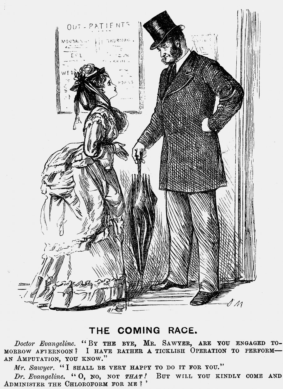 Det kommande loppet. Framtidens kirurg. George du Maurier tecknad film från Punch London 14 september 1872 som visar den nedlåtande attityd kvinnor inom läkarkåren kan förvänta sig av manliga kollegor. Gravyr. av George du Maurier