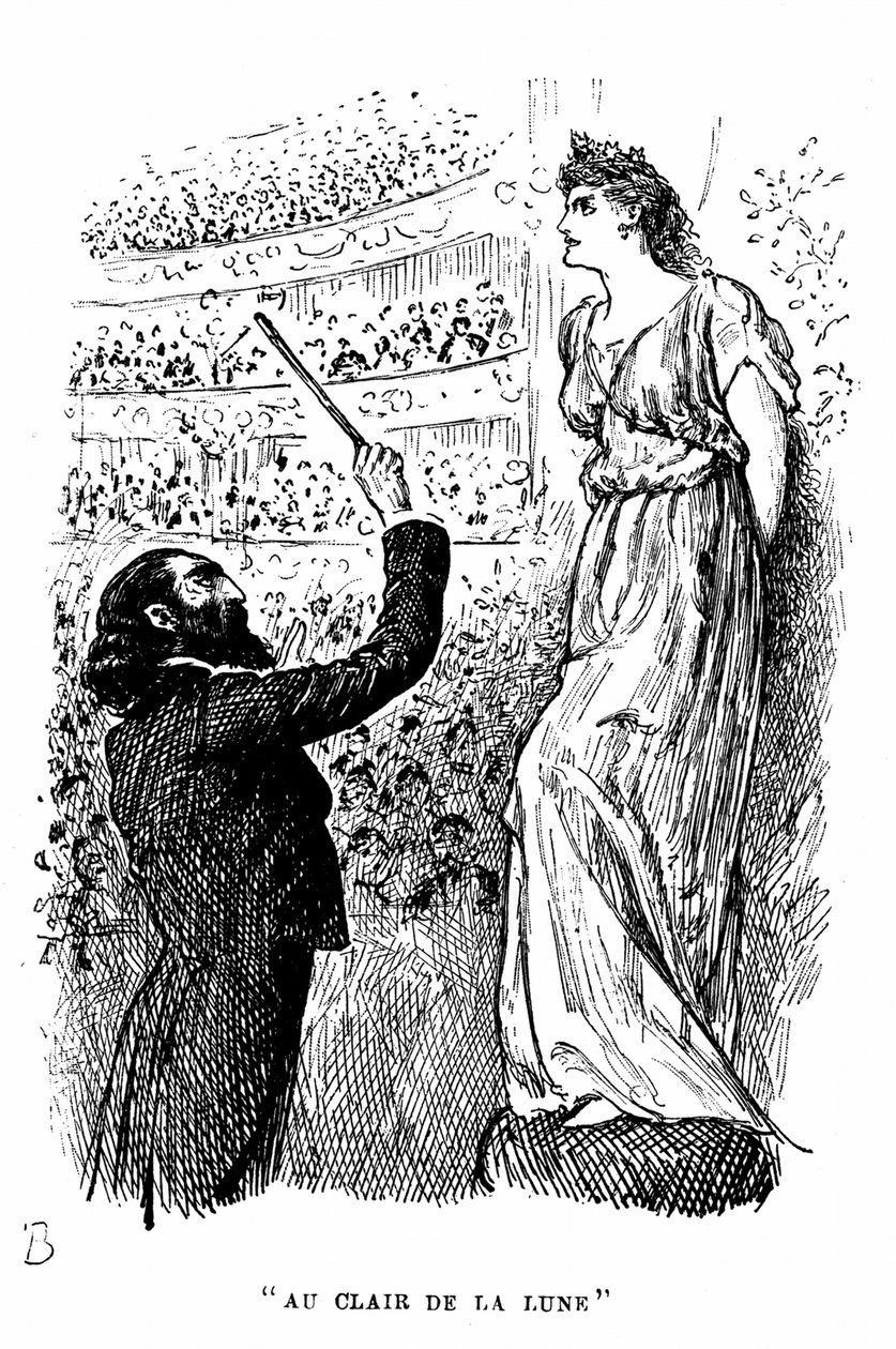 Trilby den tondöva? som inte kunde skilja ett C från ett F som gav konsert under Svengalis hypnotiska inflytande. Illustration av George Du Maurier för hans roman Trilby, London av George du Maurier