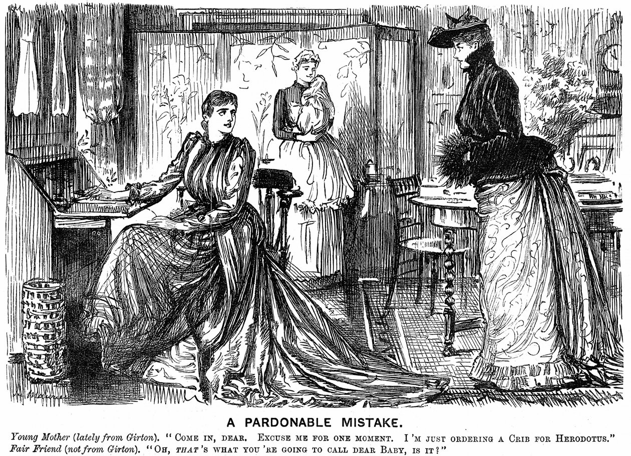 Universitetsutbildning för kvinnor gör deras konversation förvirrande för sina mindre utbildade vänner. George du Maurier tecknad från Punch London 7 december 1889. Gravyr av George du Maurier