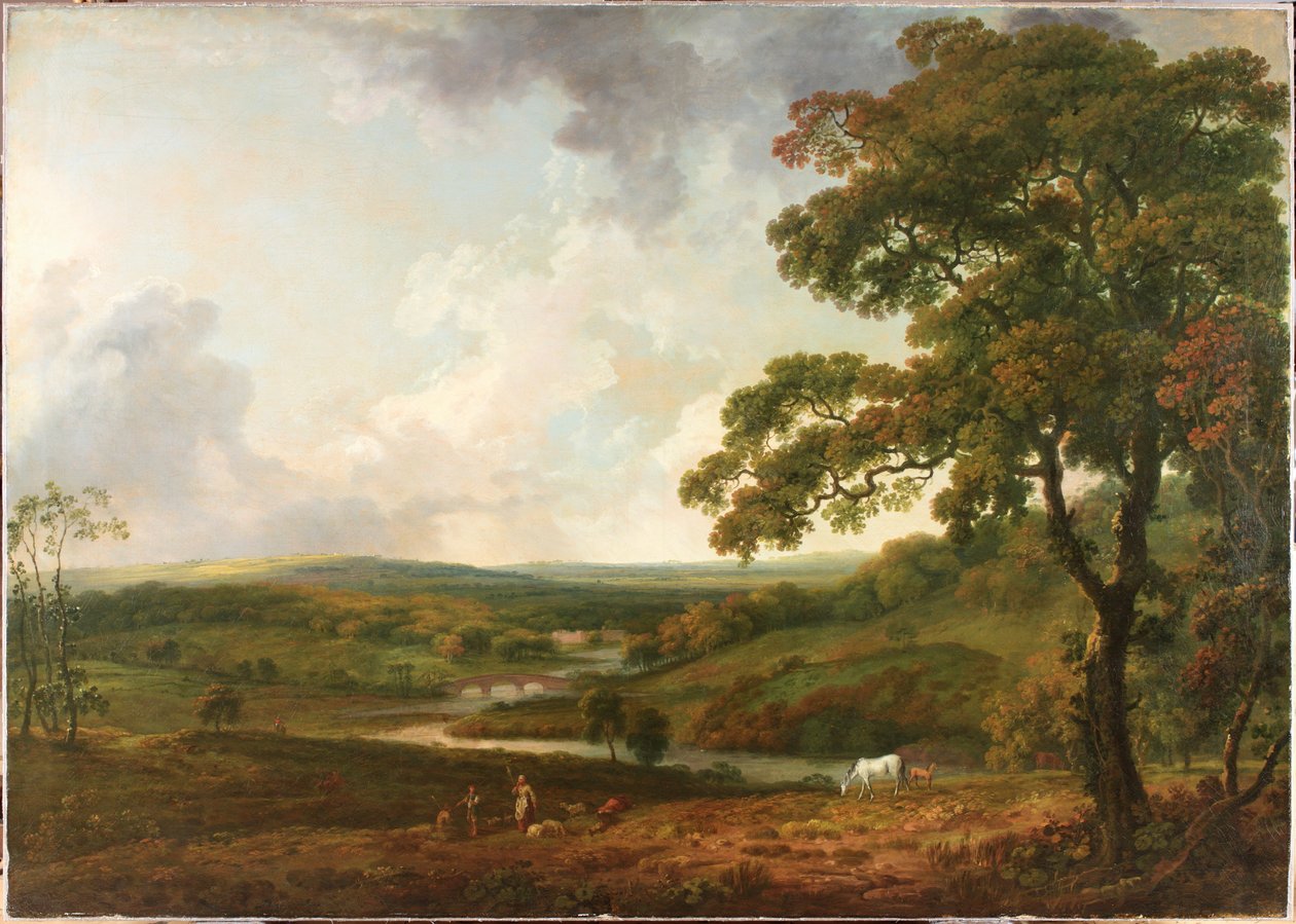En utsikt i Welbeck Park med en slingrande bäck (olja på duk) av George the Elder Barret