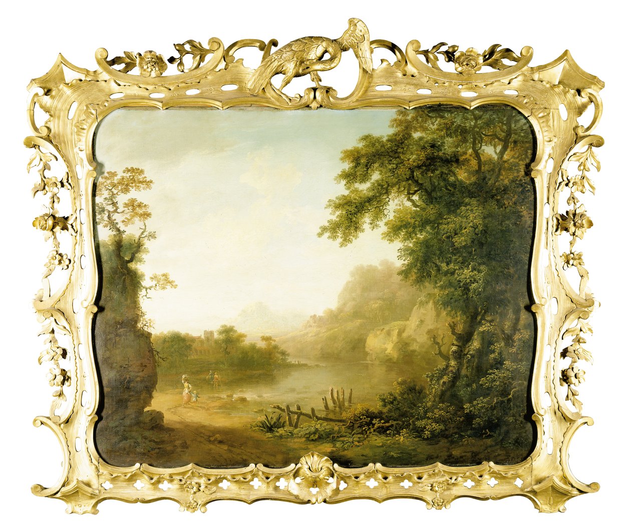 Ett italienskt trädbevuxet flodlandskap med figurer i förgrunden och en by bortom, 1755 av George the Elder Barret