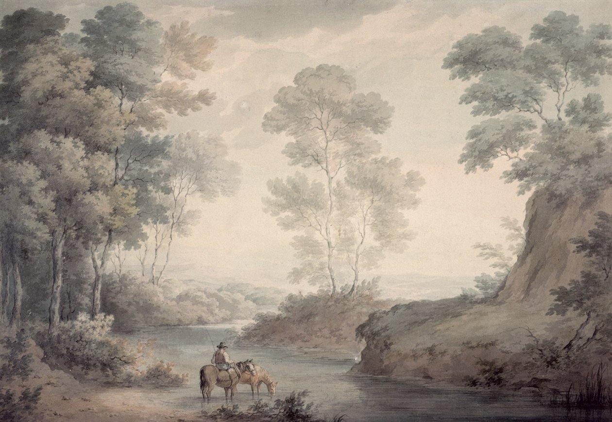 Landskap med flod- och hästvattning av George the Elder Barret