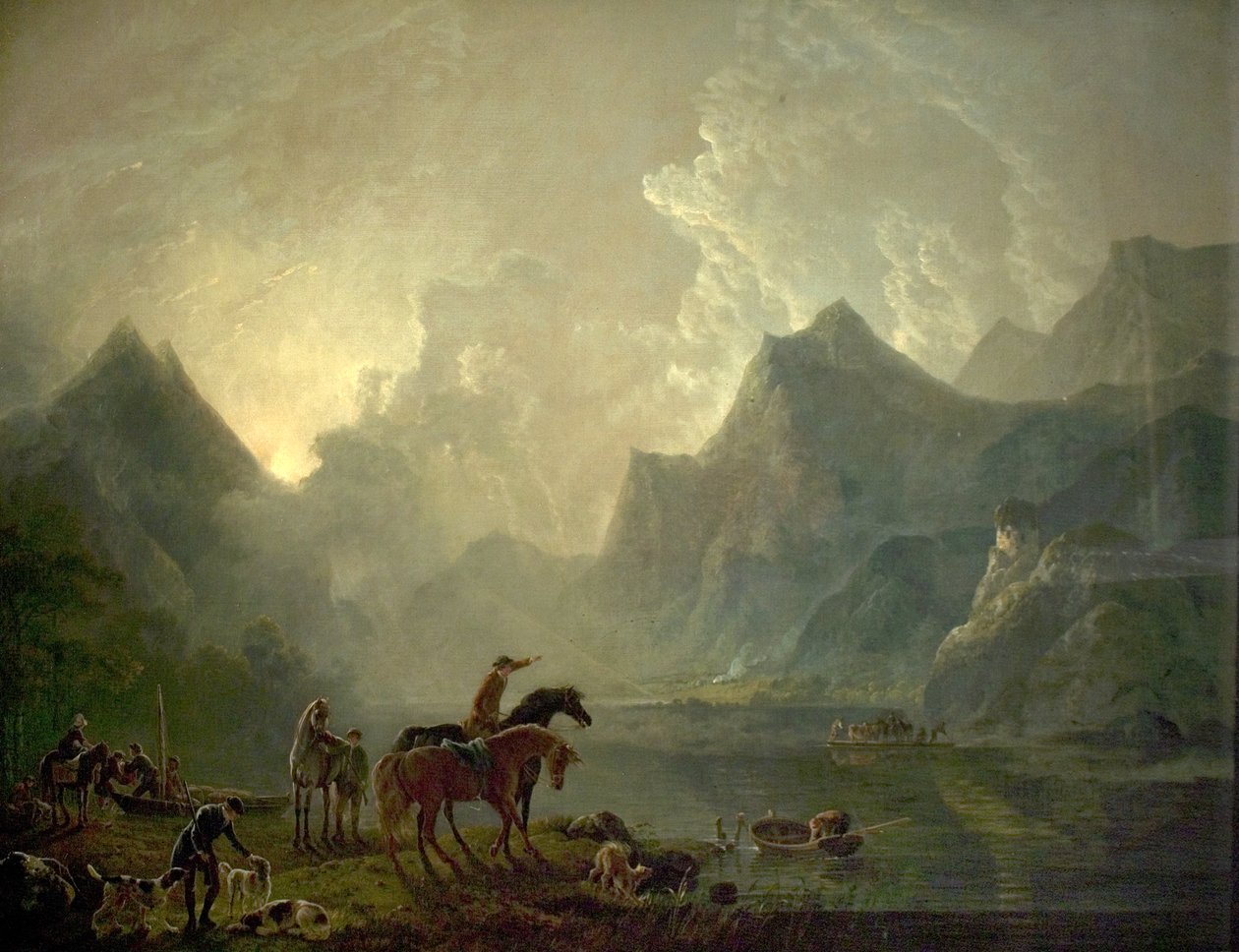 Llanberis Lake och Dolbadarn Castle, norra Wales, 1777 av George the Elder Barret