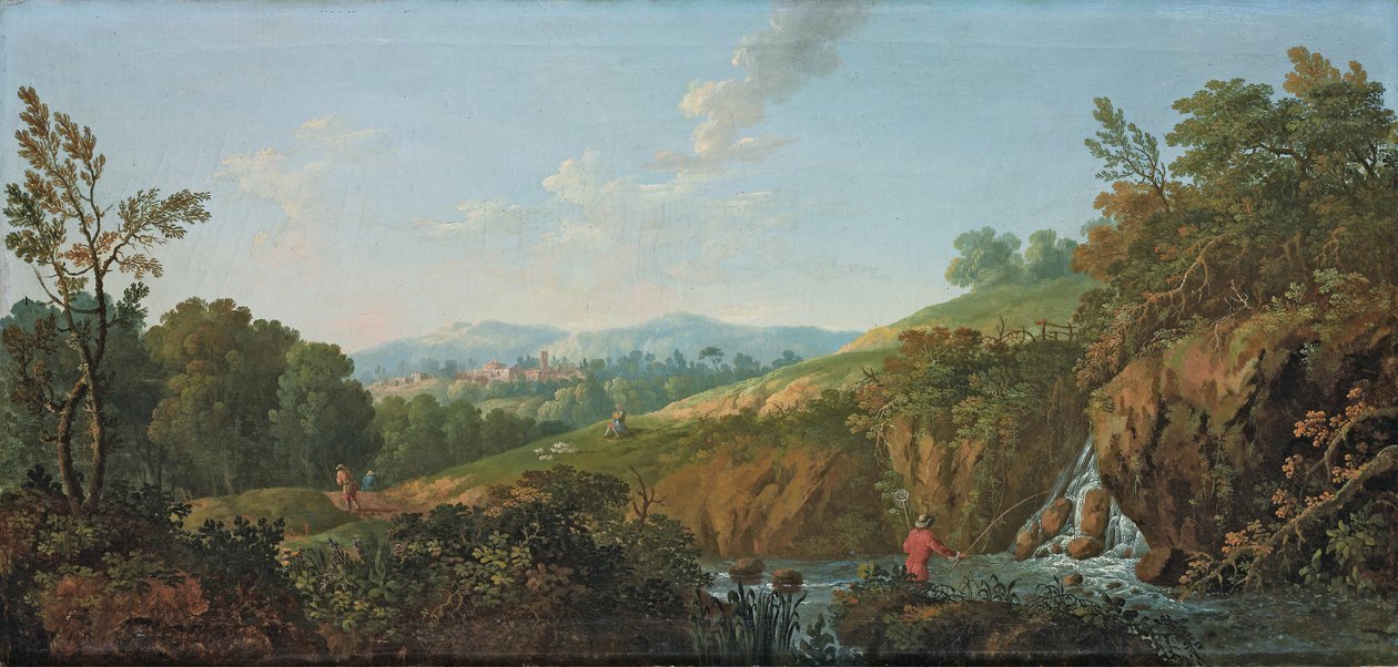 Skogbevuxen flodlandskap av George the Elder Barret