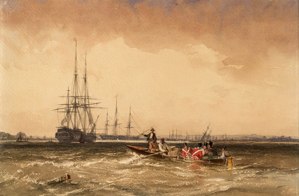 På Medway (marinsoldater på väg ut till Indiaman, Northfleet) av George the Elder Chambers