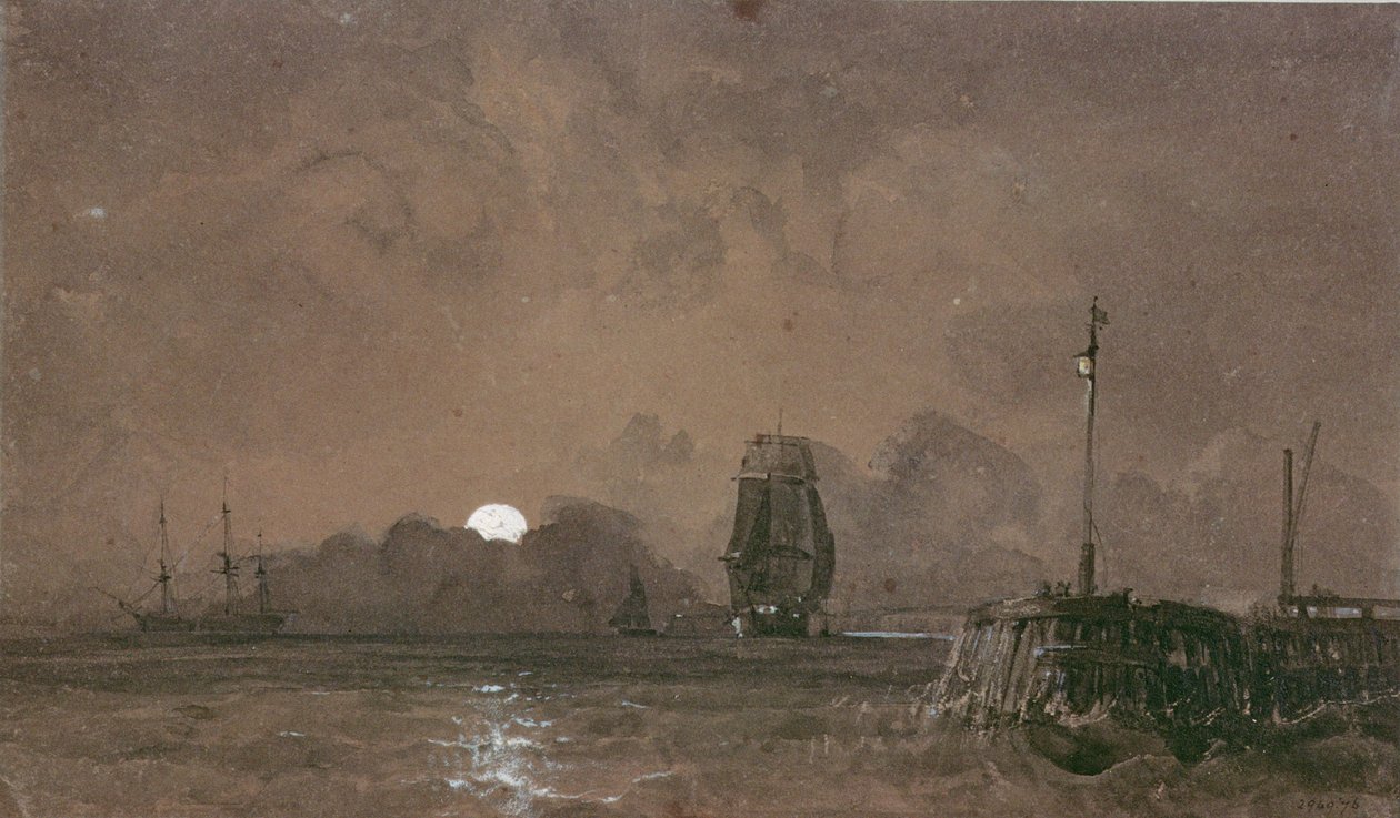Sunderland Harbour: Moonlight, 1800-talet av George the Elder Chambers