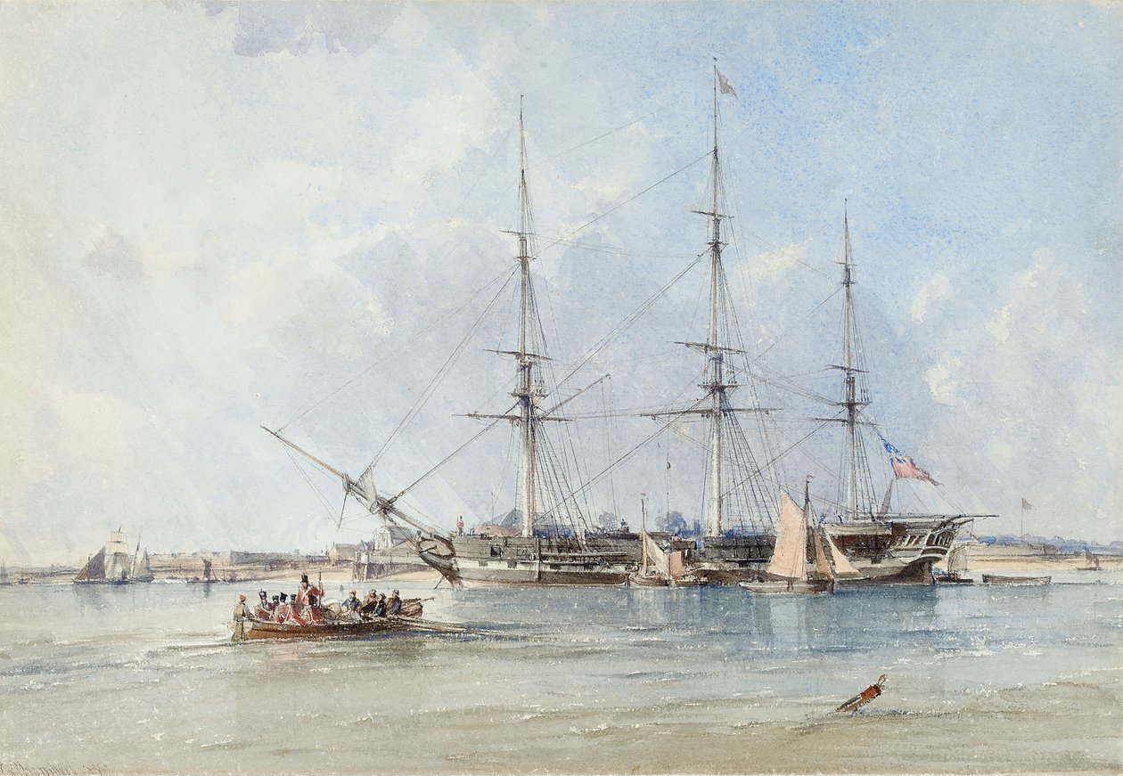 Blackwall-fregatten Seringapatam för ankar utanför Tilbury Fort av George the Elder Chambers