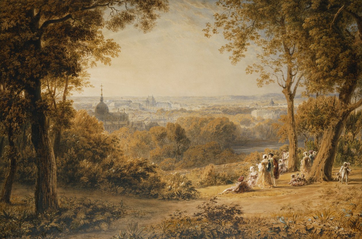 En vy över Versailles med eleganta figurer i förgrunden vid solnedgången, av George the Younger Barret