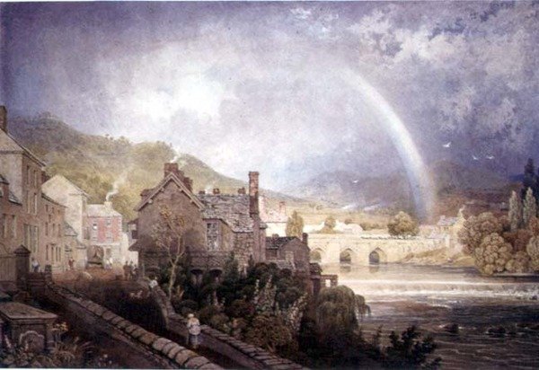 Village and Bridge of Llangollen, North Wales, med Rainbow Effect av George the Younger Barret