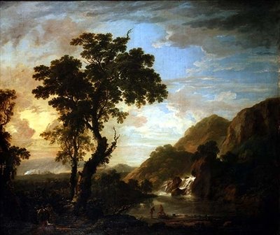 Skogbevuxen flodlandskap med figurer i förgrunden och kaskad utanför av George the Younger Barret