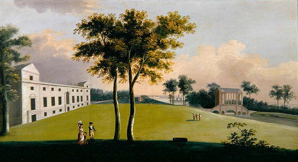 Sydfronten av Wilton House och Palladian Bridge of the East, Salisbury (olja på duk) av George the Younger Cuitt
