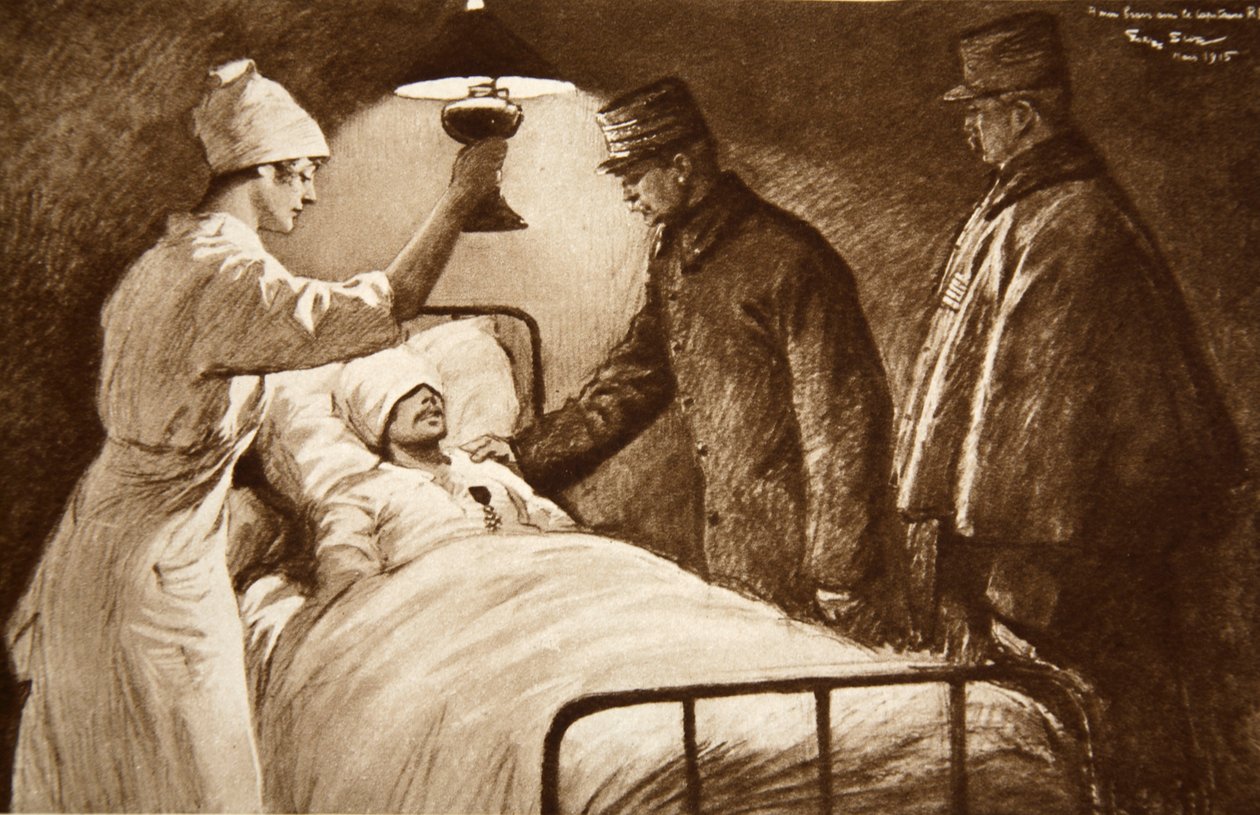 En hederslegion: en skadad fransk kapten, på väg att genomgå en farlig operation, dekorerad av sin general på ett fältsjukhus, från "The Illustrated War News" av Georges Bertin Scott