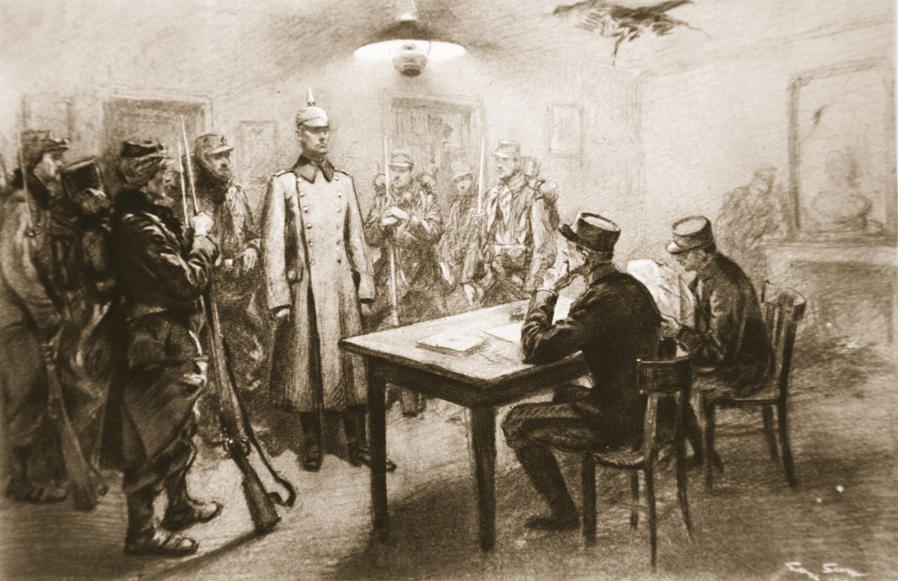 "Konstituera armékår ur axelband": En tillfångatagen tysk officer som undersöks av medlemmar av en fransk generalstab, från "The Illustrated War News" av Georges Bertin Scott