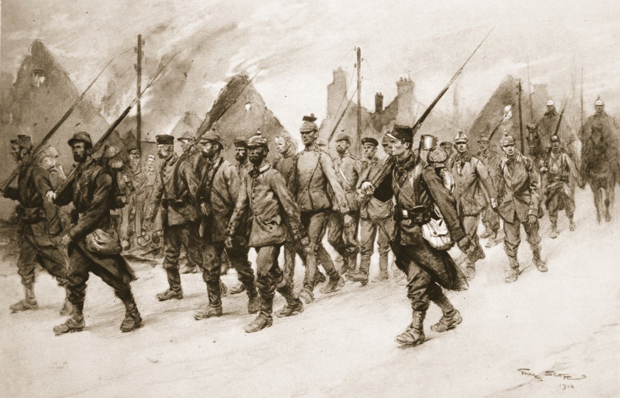 Var och en en länk i kedjan av bevis om fiendens styrkor: tyska fångar under fransk bevakning, från "The Illustrated War News" av Georges Bertin Scott