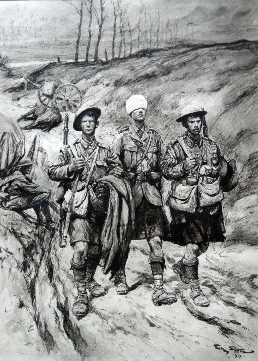 Skotska soldater hjälper sin skadade officer, 1917 av Georges Bertin Scott