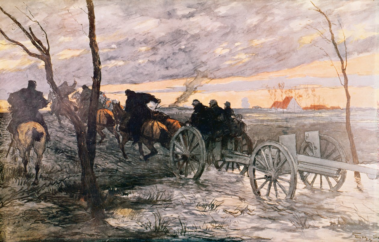Solnedgång i Yserdalen: en 75 kanon rullas till en strategisk position, ca 1914 av Georges Bertin Scott