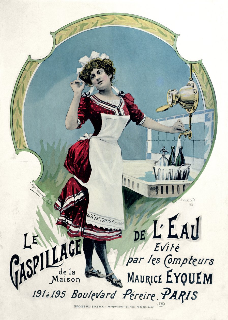 "Vattenspill undviks", reklam för Maurice Eyquems vattenmätare, 1898 av Georges Blott