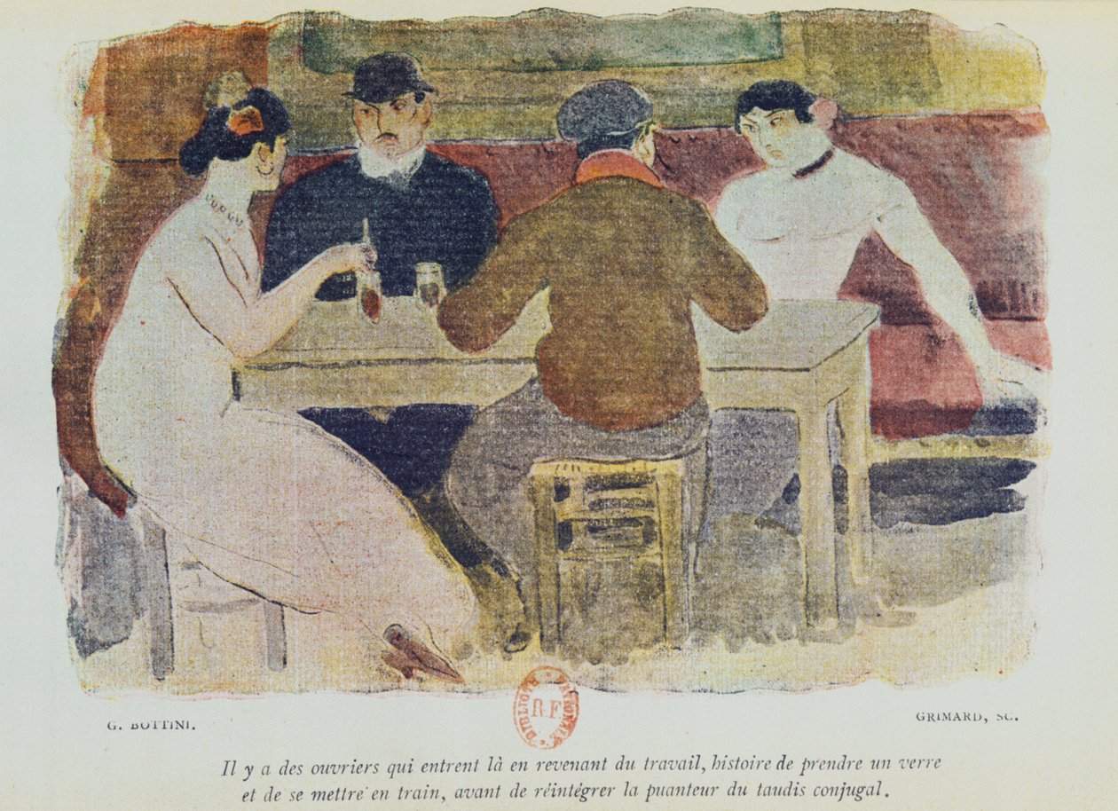 Arbetare som dricker, illustration från "La Maison Philibert" av Jean Lorrain (1855-1906) som publicerades 1904. av Georges Bottini
