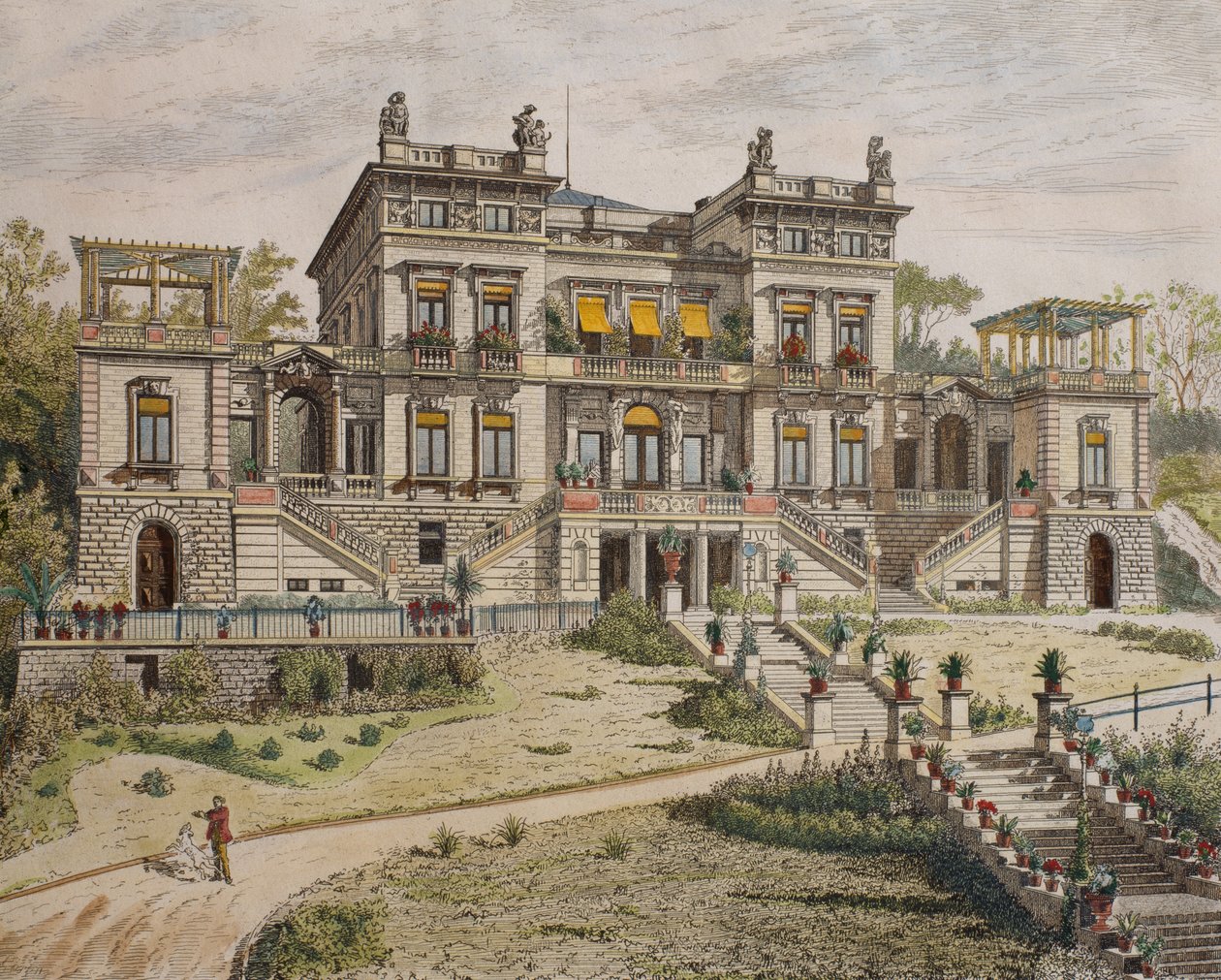 Slott nära Stuttgart, trädgårdsfront, illustration från 