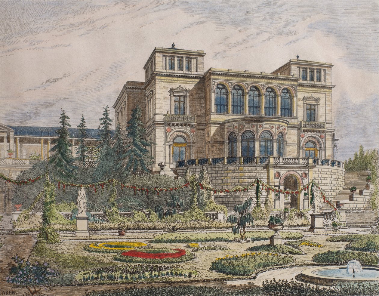 Slott nära Stuttgart, verandafasad, illustration från 