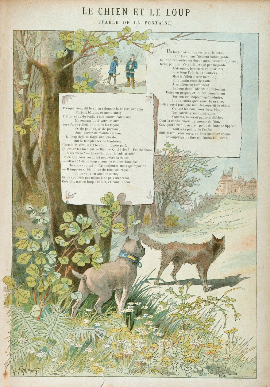 Hunden och vargen, ur "Fabler" av Jean de La Fontaine (1621-95) (färggravyr) av Georges Fraipont