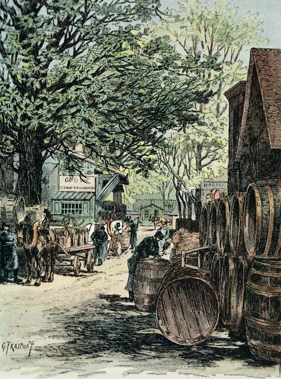 Vinlager i Bercy i Paris, 1890 (färggravyr) av Georges Fraipont