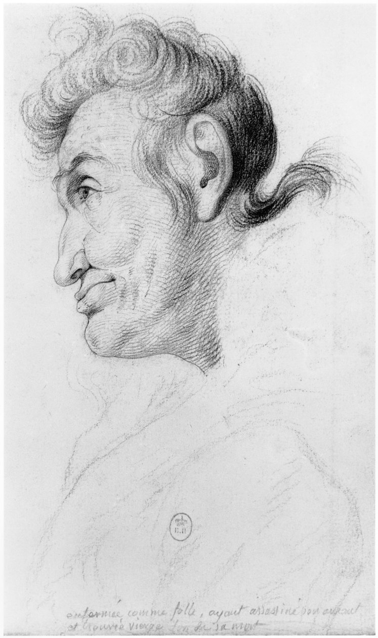 Inlåst som galen, efter att ha mördat sin älskare och funnit oskuld vid hennes död, illustration från en opublicerad avhandling av Jean Etienne Dominique Esquirol (1772-1840) om galningarna i Salpetriere a av Georges Francois Gabriel
