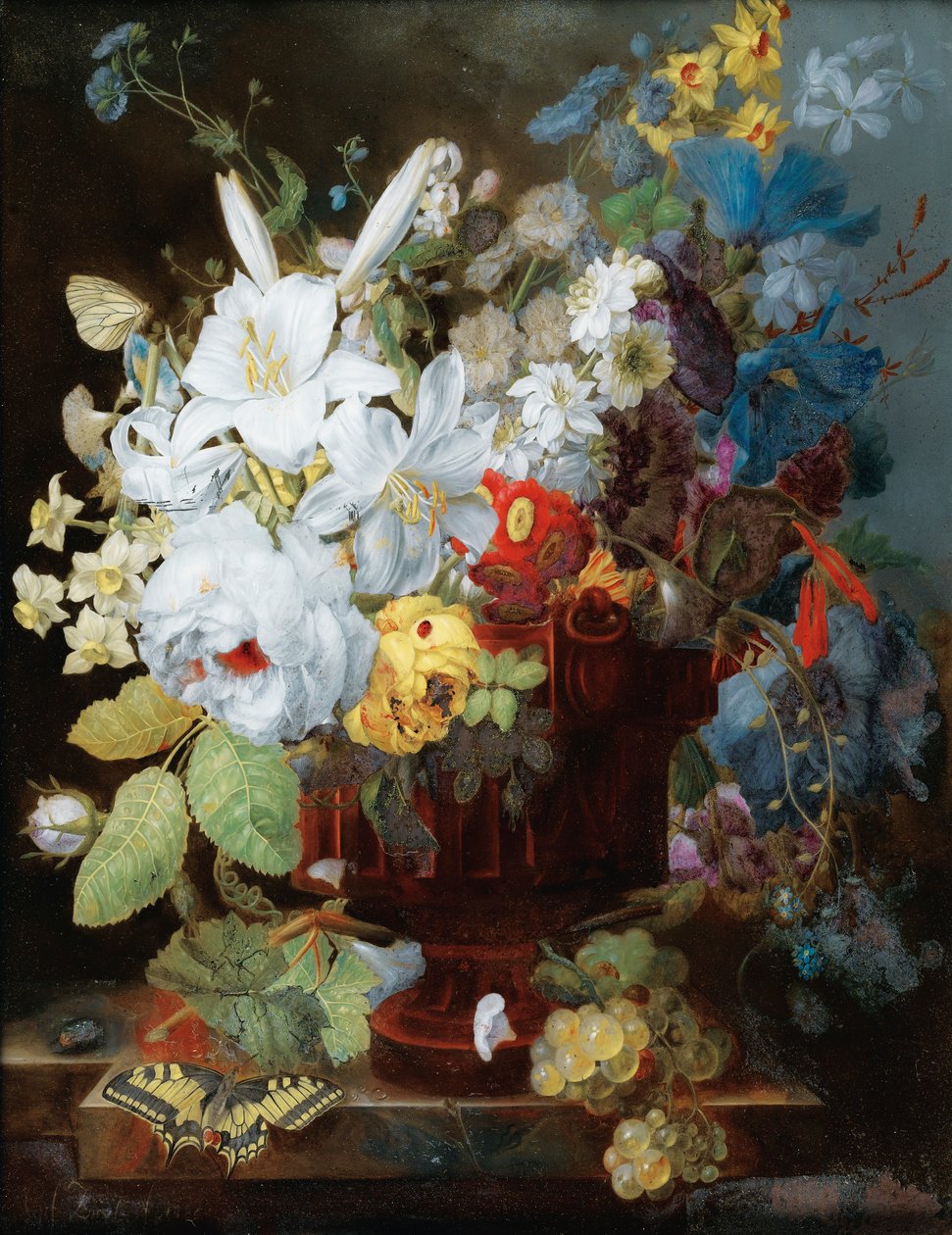 Stilleben med en bukett blommor på en avsats av Georges Frédéric Ziesel