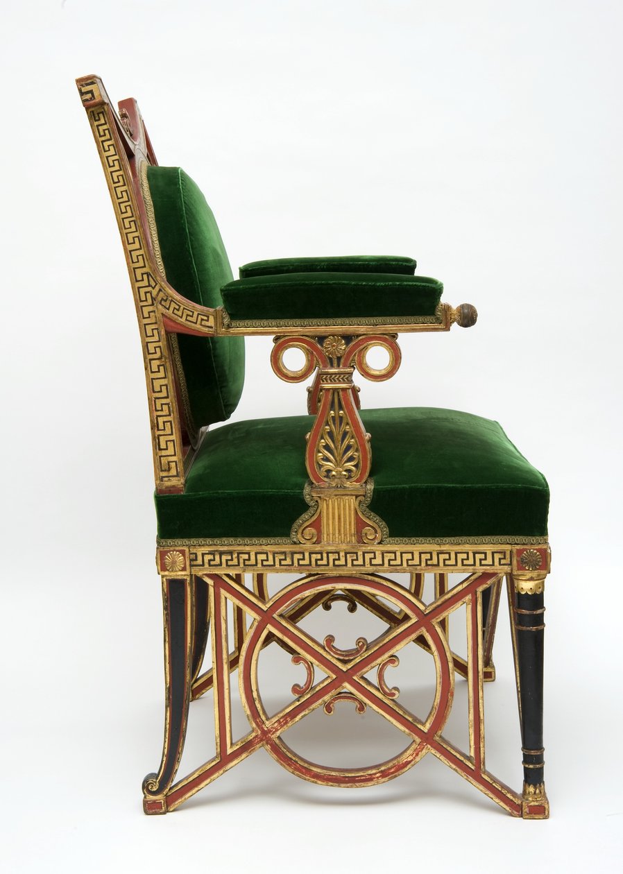 Fauteuil, ca 1785-90 (barrträ med förgyllning och grön sammet) av Georges Jacob