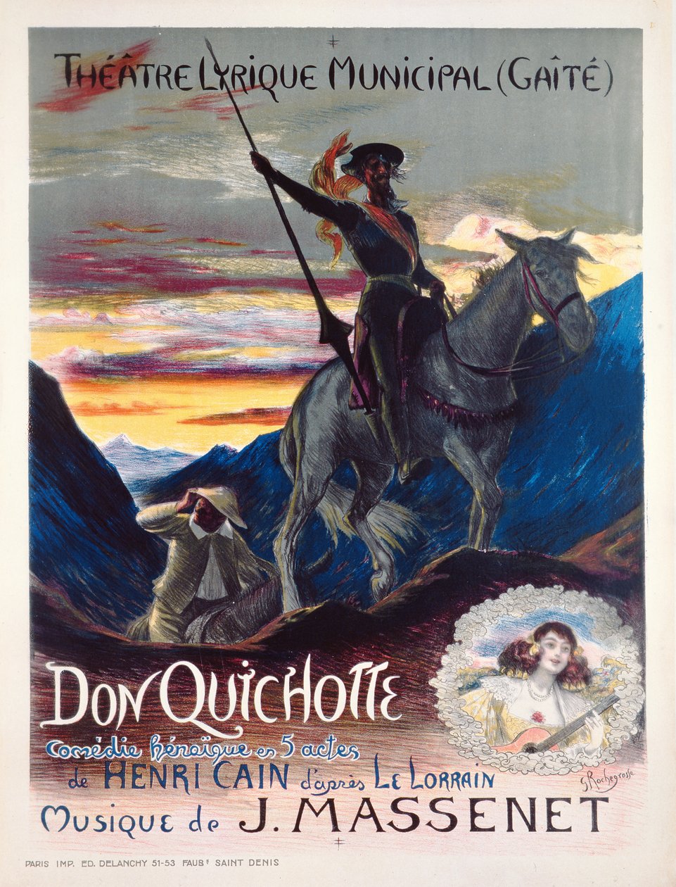 Affisch som annonserar den första produktionen av operan, Don Quichotte, på yaite-Lyrique Theatre i Monte Carlo, 19 februari 1910 av Georges Marie Rochegrosse