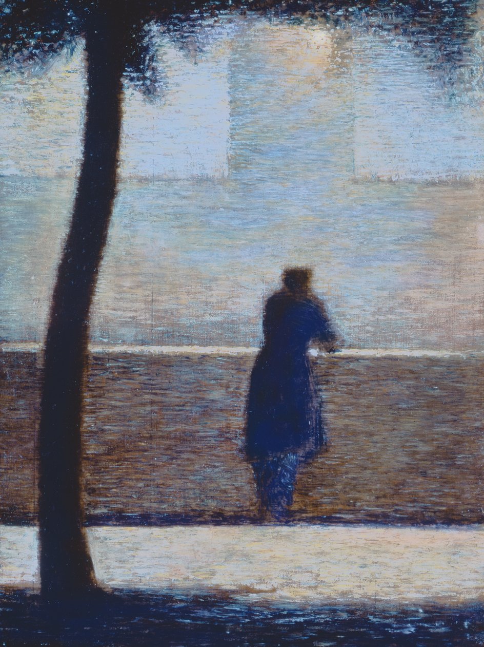 Man lutad mot en bröstvärn (olja på kartong) av Georges Seurat