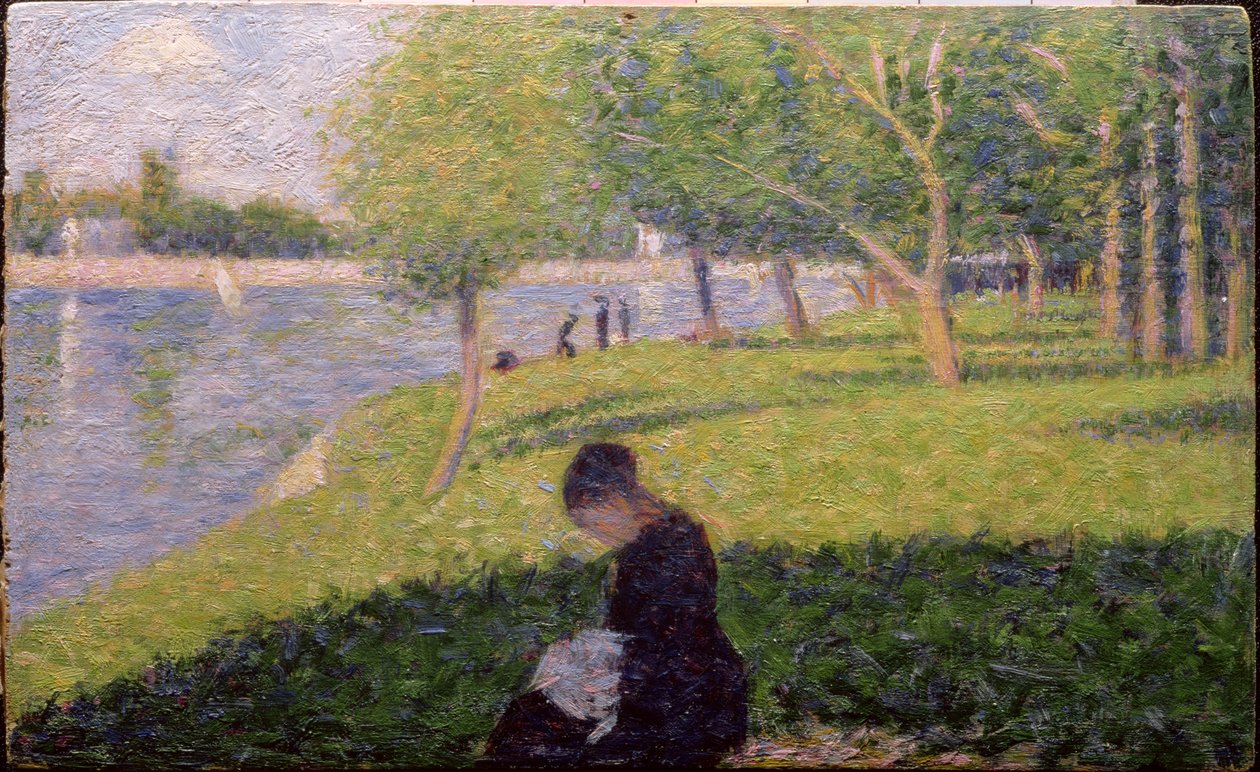 Sömmerskan, eller Söndag på Grande Jatte, studie till "En söndagseftermiddag på ön La Grande Jatte", ca 1884-6 (panel) (se även 415) av Georges Seurat