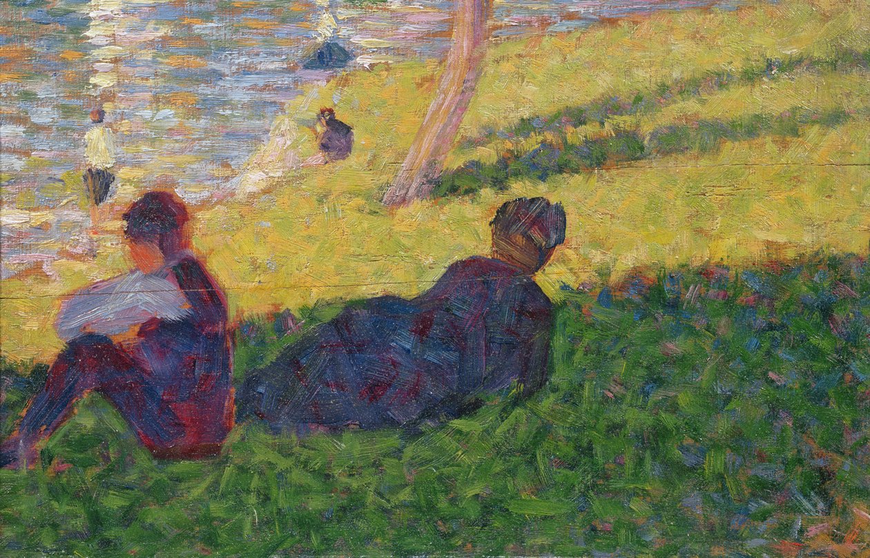 Sittande man och liggande kvinna, studera för A Sunday Afternoon på ön La Grande Jatte, 1884 av Georges Seurat