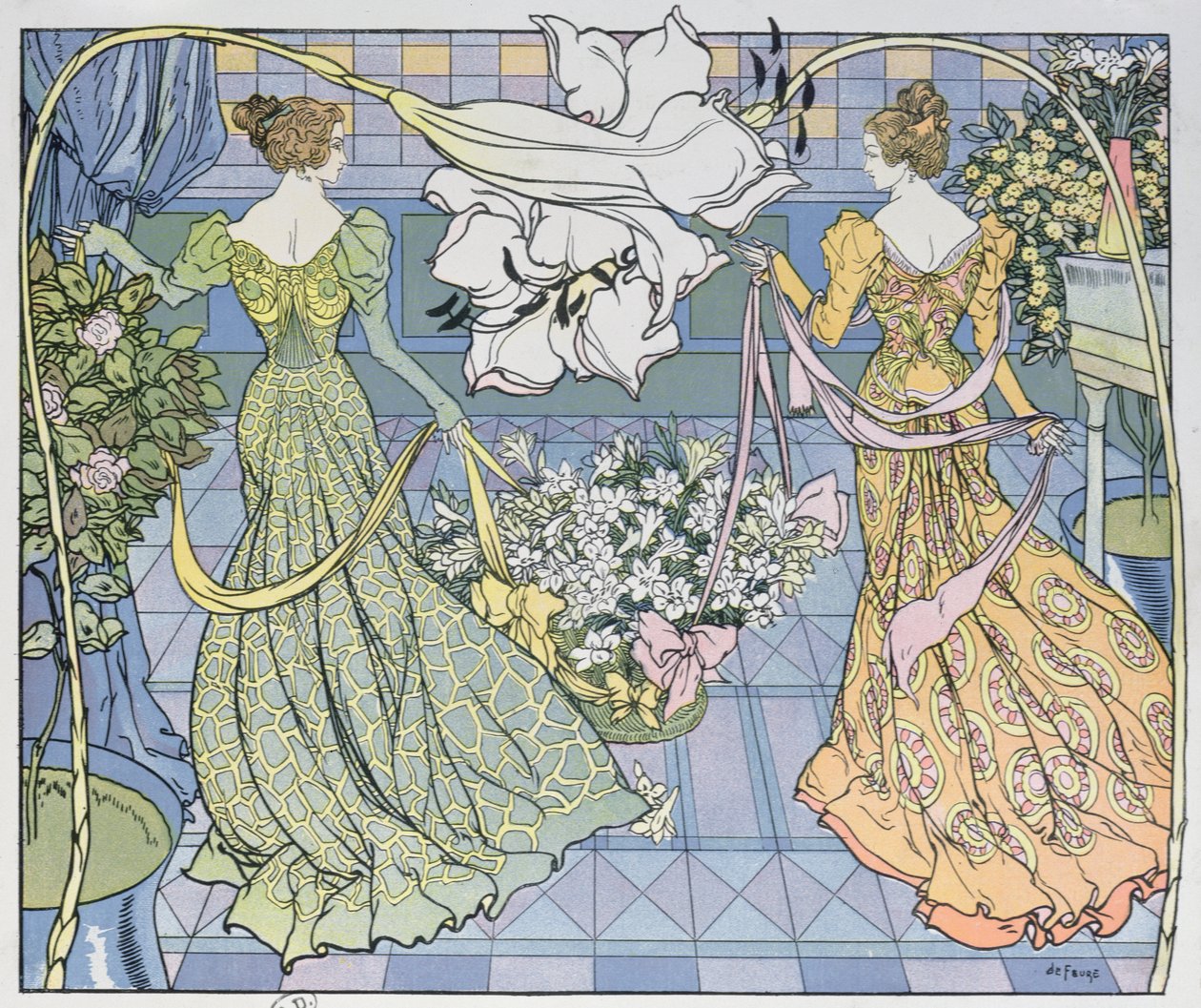 Kvinnor omgivna av blommor, ca. 1900 (färggravyr) av Georges de Feure