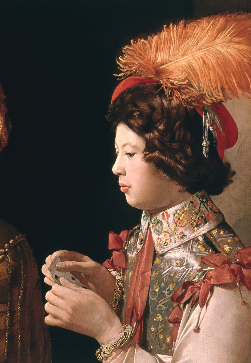 Fusket med diamantens ess, detalj som visar den manliga kortspelaren med den fjäderklädda hatten, ca 1635-40 (detalj av 90053) av Georges de La Tour