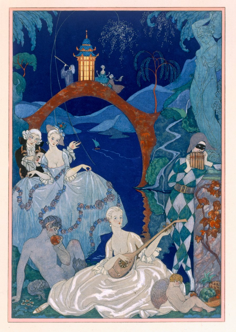 Ball Under the Blue Moon, illustration för "Fetes Galantes" av Paul Verlaine (1844-96) publicerad 1928 (pochoirtryck) av Georges (after) Barbier