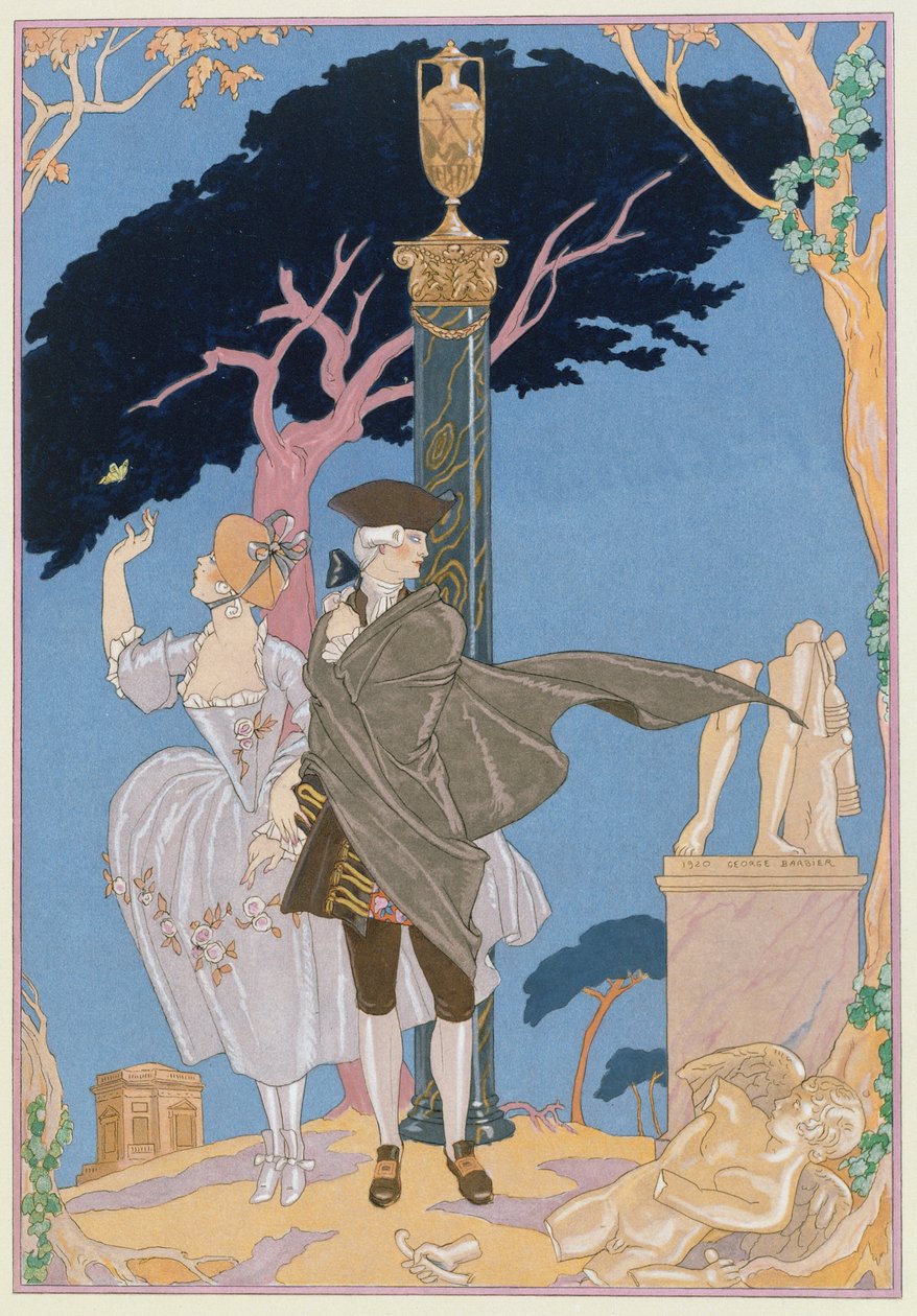 Broken Hearts, Broken Statyer, illustration för "Fetes Galantes" av Paul Verlaine (1844-96) publicerad 1928 (pochoir tryck) av Georges (after) Barbier