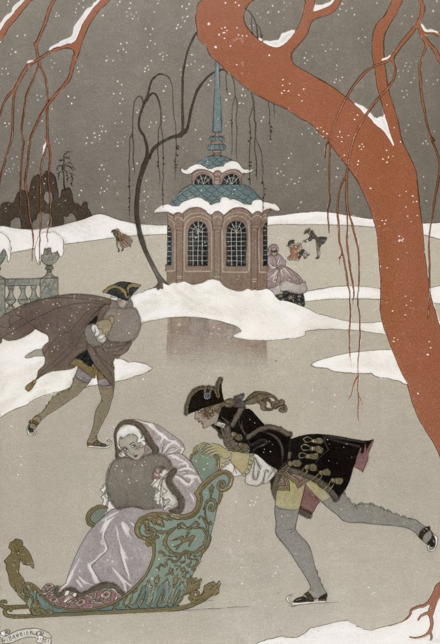 Skridskoåkning på den frusna sjön, illustration för "Fetes Galantes" av Paul Verlaine (1844-96) publicerad 1928 (pochoirtryck) av Georges (after) Barbier