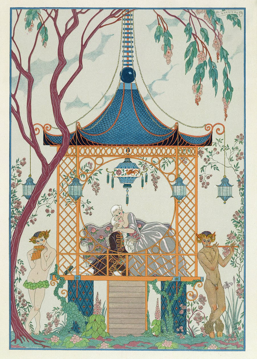 Illustration för "Fetes Galantes" av Paul Verlaine (1844-96) publicerad 1928 (stenciltryck) av Georges (after) Barbier