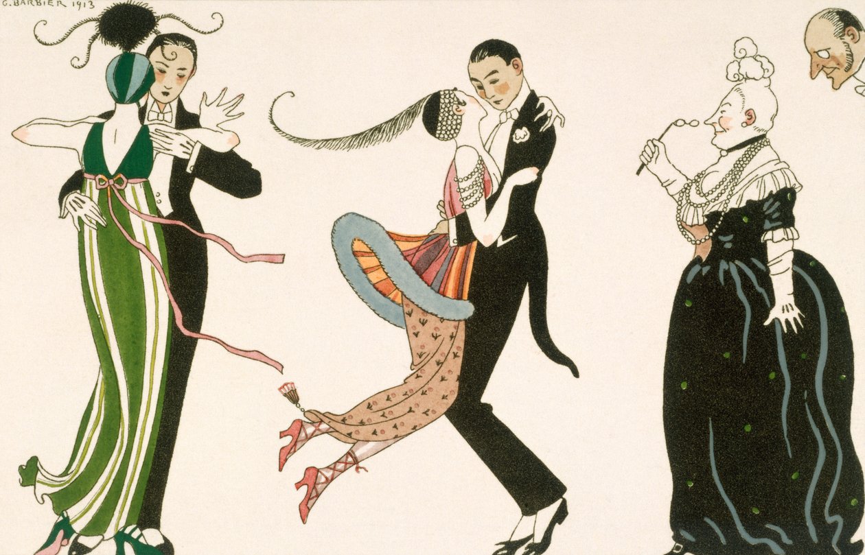 Dagens galenskap, graverad av H. Reidel för Friends of Journal des Dames et des Modes av Georges (after) Barbier