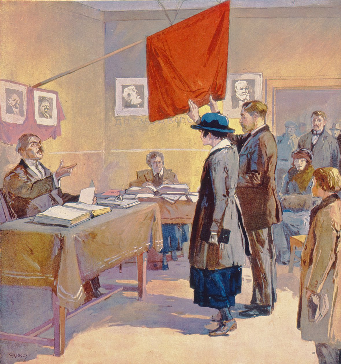 Ett borgerligt äktenskap i Ryssland vid tiden för revolutionen, ca 1923 (färglitografi) av Georges (after) Carrey
