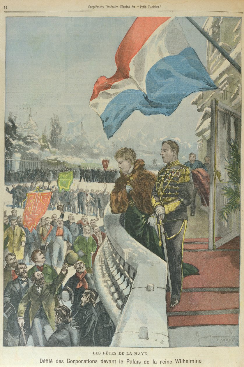 Procession av korporationer i Haag inför drottning Wilhelmina av Nederländerna för att fira hennes giftermål med hertig Henrik av Mecklenburg, februari 1901 (färglitografi) av Georges (after) Carrey