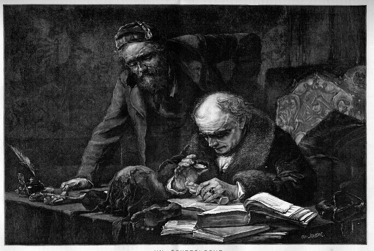 En egyptolog som studerar ett arkeologiskt stycke från Egypten på sitt kontor. Gravyr av Baude från en målning av Moreau de Tours. Gravyr i "" Le Monde Illustré"" av Georges (after) Moreau de Tours
