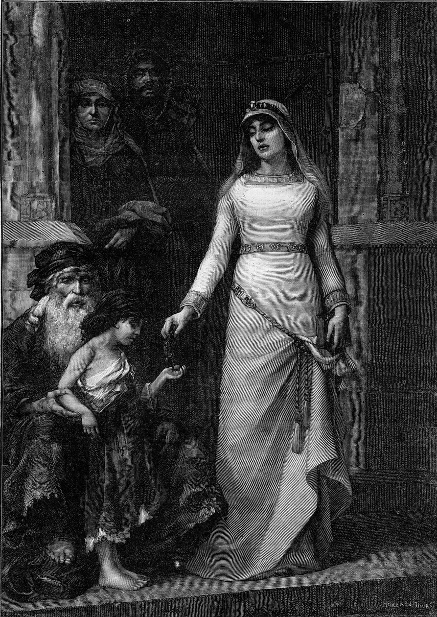 Blanche de Castille, Frankrikes drottning (1188 - 1252), med smeknamnet kärleken till de fattiga” (1879). Gravyr efter målningen av Georges Moreau de Tours (1848-1901) i ""The Illustrous World"" nr 1267 den 9 juli av Georges (after) Moreau de Tours