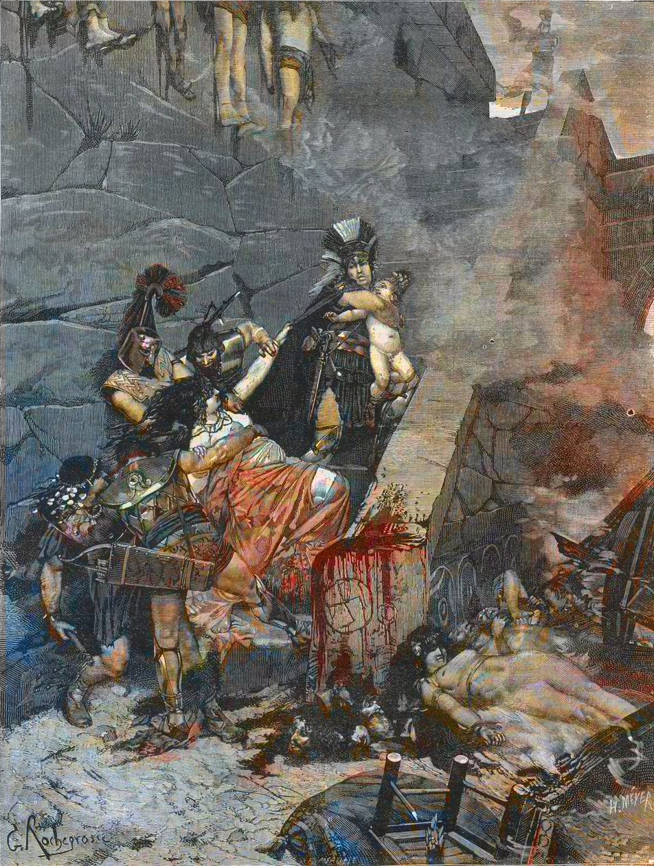 Andromache - Andromaque (Ulysses river Astyanax från Andromaques armar för att kasta honom från toppen av Trojas väggar) - GRAVERING EFTER MÅLNING AV George-Antoine Rochegrosse (1859-1938) av Georges (after) Rochegrosse