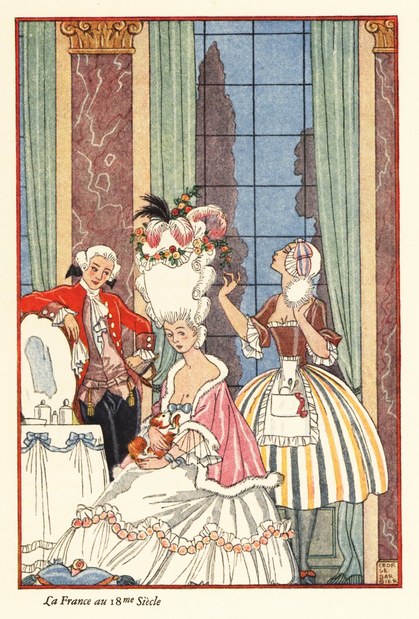 En ädel kvinna vid sin toalett i 1700-talets Frankrike. 1928 (tryck) av Georges Barbier