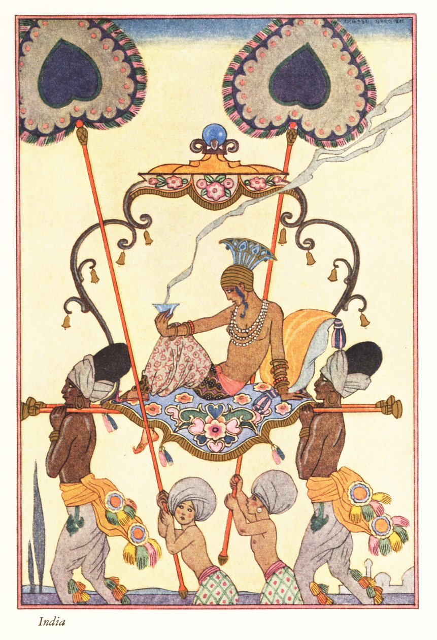 En ädel kvinna bränner rökelse i en palankin, forntida Indien 1928 (tryck) av Georges Barbier