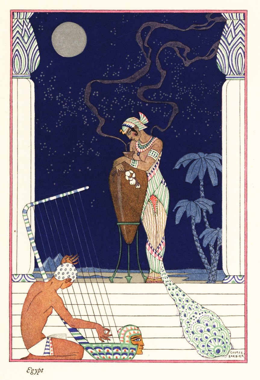 En drottning står och luktar bränd doft, forntida Egypten 1928 (tryck) av Georges Barbier